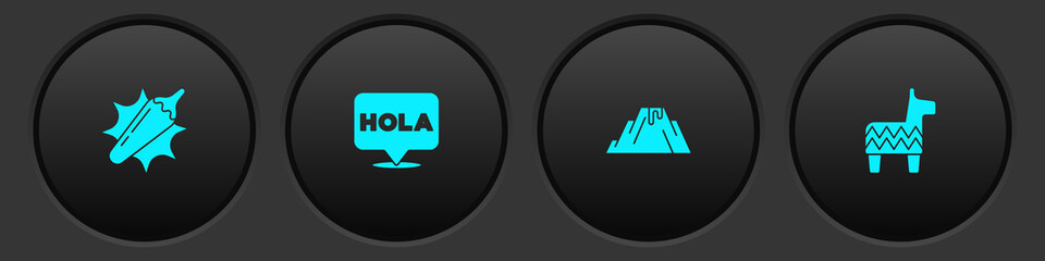 Set Hot chili pepper pod, Hola, Volcano eruption with lava and Pinata icon. Vector © vector_v