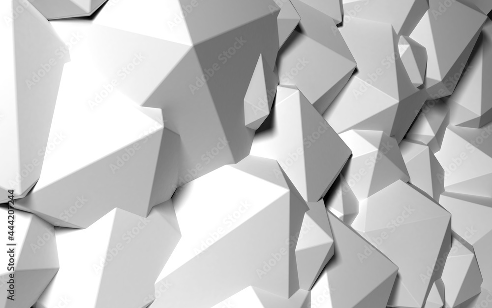 Poster Abstract background with white 3D shapes flying in the light as a messy array or chaotic structure for any pastel backdrop. 3D illustration.