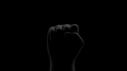 Black fist on black background with rim. Front view. Black Lives Matter. Blackout. Social justice concept. 3D rendering. 