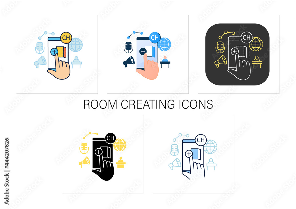 Aufkleber room creating icons set. creating own room in app. inviting friends. communication room , recording 