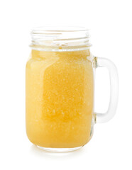 Mason jar of tasty pineapple smoothie on white background