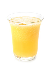 Glass of tasty pineapple smoothie on white background
