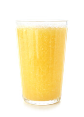 Glass of tasty pineapple smoothie on white background
