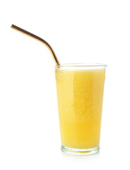 Glass of tasty pineapple smoothie on white background