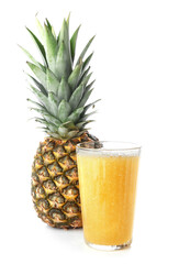 Glass of tasty pineapple smoothie on white background