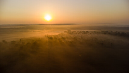 Fototapeta na wymiar bright dawn over the forest in the fog