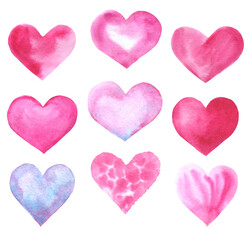 set of pink and red watercolor heart symbols isolated on white. hand drawn