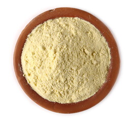 Millet flour in bowl, organic food product isolated on white background, top view