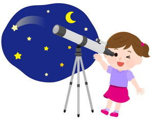 望遠鏡で天体観測する女の子　イラスト