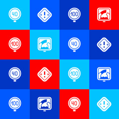 Set Speed limit traffic, Exclamation mark in triangle, and Drawbridge ahead icon. Vector