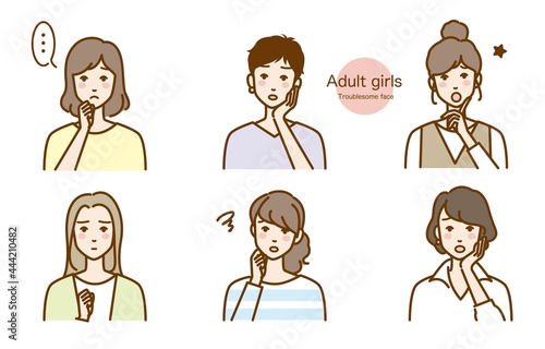 困り顔の女性のイラストカット ベクター バリエーション 心配 悩み 不安 相談 30s Poster 3 Neg