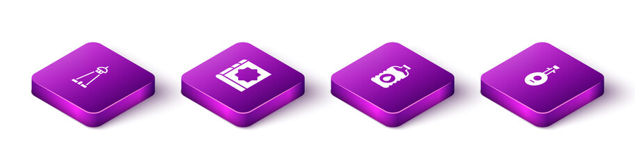 Set Isometric Mosque tower or minaret, Holy book of Koran, Bottle water and Lute icon. Vector