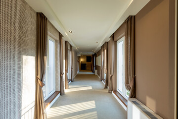 Interior of a long hotel corridor doorway