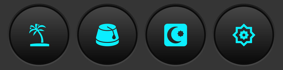 Set Tropical palm tree, Turkish hat, Star and crescent and Octagonal star icon. Vector