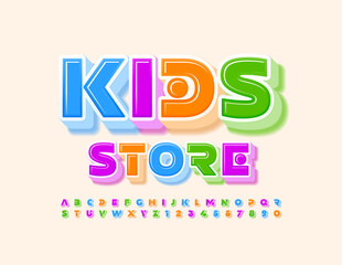 Vector creative logo Kids Store. Cute colorful Font. 3D childish Alphabet Letters and Numbers set