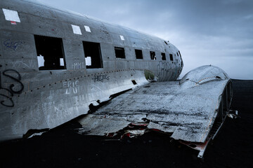 Crashed aircraft at Solheimasandur in Iceland on a sad dark rainy day