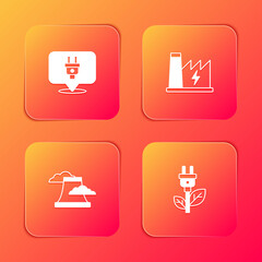Set Electric plug, Nuclear power plant, and saving in leaf icon. Vector