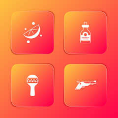 Set Sliced lime, Tequila bottle, Maracas and Vintage pistols icon. Vector