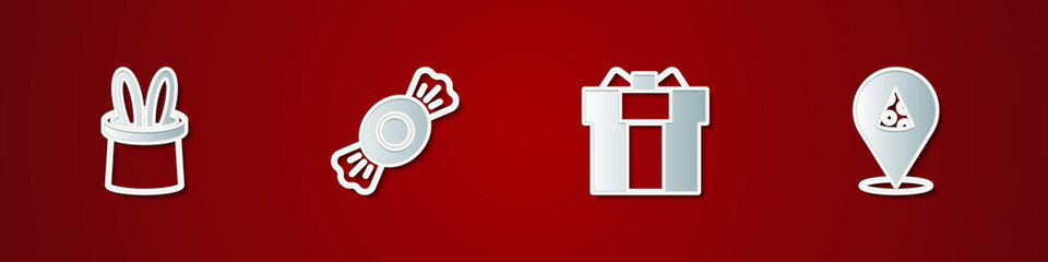 Set Magician hat and rabbit ears, Candy, Gift box and Slice of pizza icon. Vector