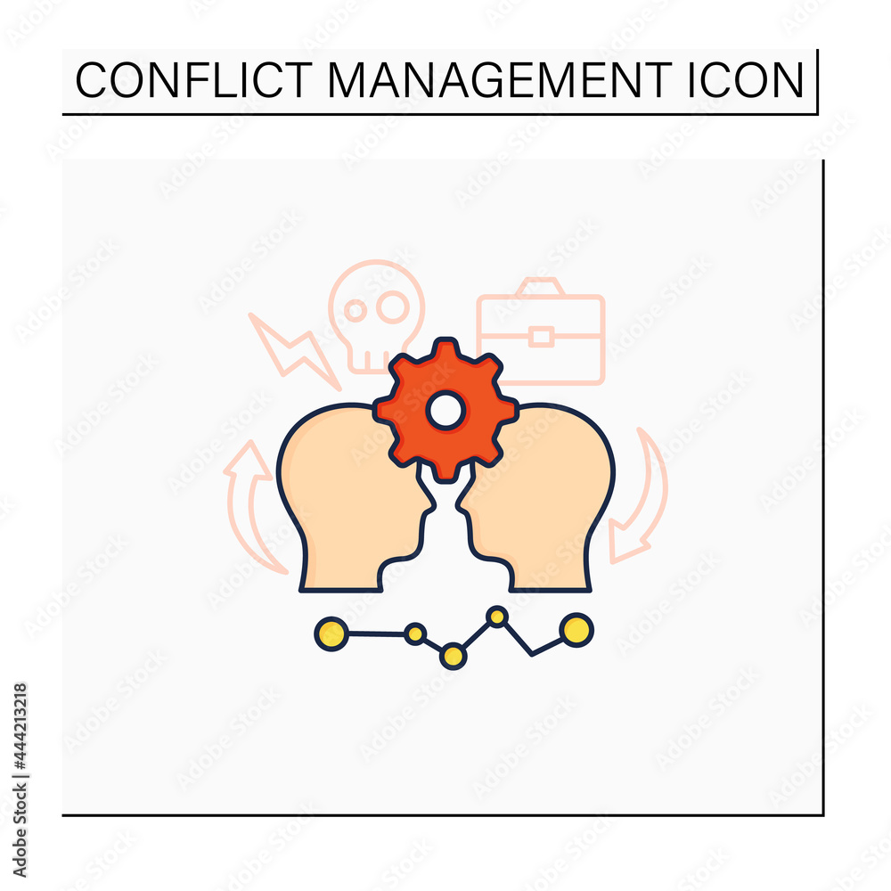 Poster conflict management color icon. conflict between two persons. successfully handles, resolves issues 