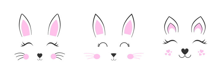 Vector illustration set. Rabbit, cat, kitten. Cartoon character. Valentine's card. Baby pet background. Flat design.