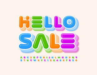 Vector colorful banner Hello Sale. Creative 3D Font. Bright abstract Alphabet Letters and Numbers set