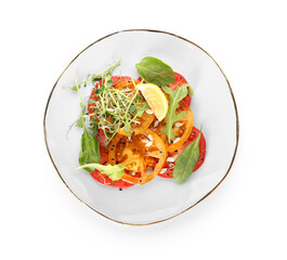 Plate with tasty tomato carpaccio on white background