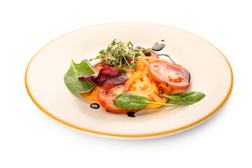 Plate with tasty tomato carpaccio on white background
