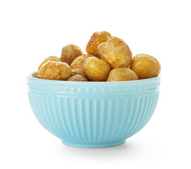 Bowl with tasty baked potato on white background