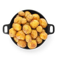 Baking dish with tasty baked potato on white background