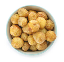 Bowl with tasty baked potato on white background