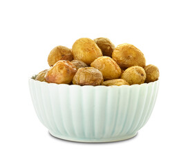 Bowl with tasty baked potato on white background