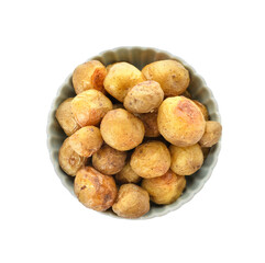 Bowl with tasty baked potato on white background