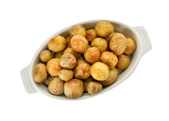 Baking dish with tasty baked potato on white background