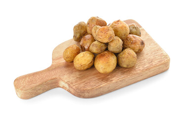 Wooden board with tasty baked potato on white background