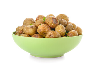 Bowl with tasty baked potato on white background