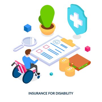 Disability insurance concept. Man in a wheelchair. Caring for the disabled. Isometric vector illustration on white background