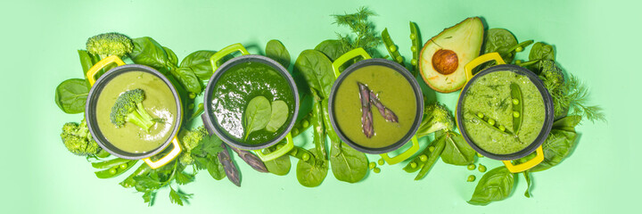 Various green cream soup set