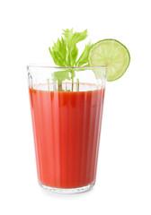Glass of tasty bloody Mary cocktail on white background