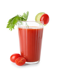 Glass of tasty bloody Mary cocktail on white background
