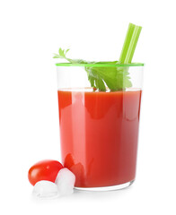 Glass of tasty bloody Mary cocktail on white background