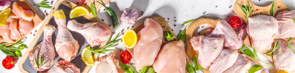 Various raw chicken meat portions