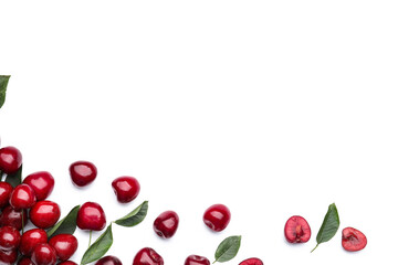 Tasty ripe cherries on white background