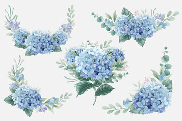 Fototapeta Beautiful watercolor floral bouquets with hydrangea flowers and eucalyptus branches obraz