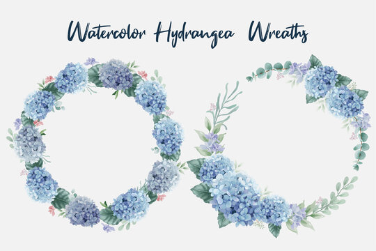 Beautiful watercolor floral wreaths with hydrangea flowers and eucalyptus branches