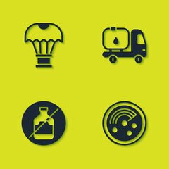 Set Box flying on parachute, Radar with targets monitor, No alcohol and Fuel tanker truck icon. Vector