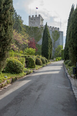 Fototapeta na wymiar Duino-Aurisina. Trieste. Strada a giardino con cipressi verso il Castello