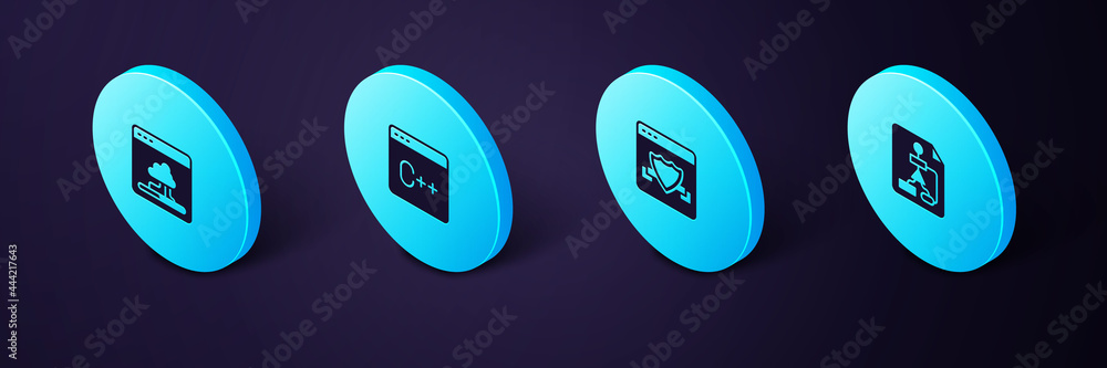 Wall mural set isometric flowchart, browser with shield, software and cloud technology data transfer icon. vect
