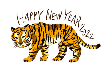 2022年寅年年賀状テンプレート・手描きタッチのかっこいいワイルド虎のイラスト