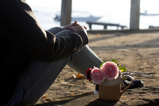 Person sitting alone with roses on a cup, a daydreaming at sunrise.